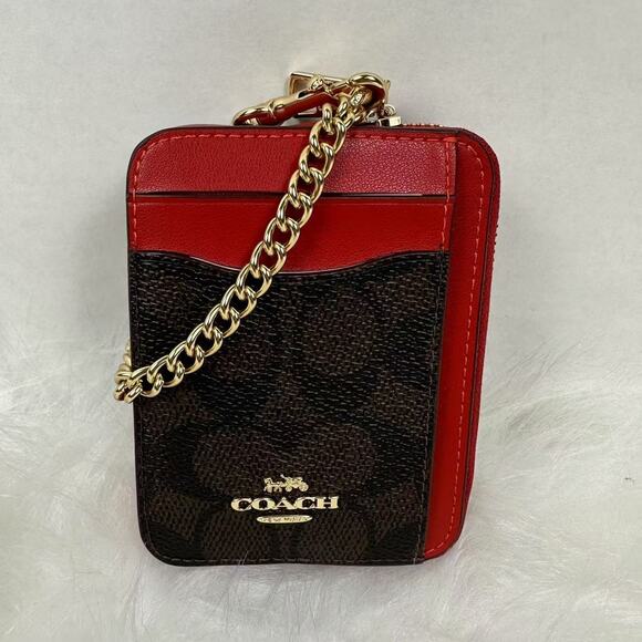 Coach Zip Card Case In Signature Canvas In Walnut Bold Red CW883 NWT - Picture 3 of 5